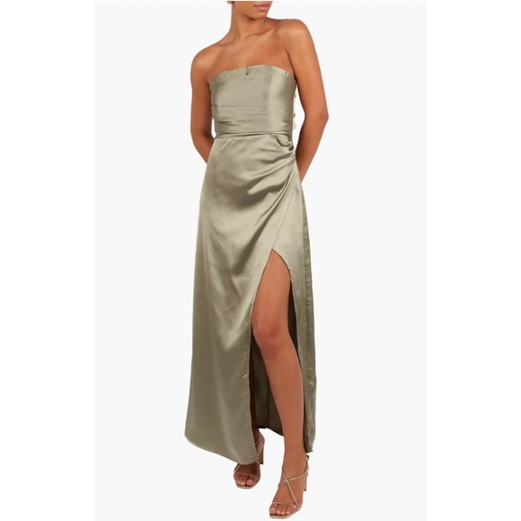Petal and Pup Dresses & Skirts - Petal‎ and Pup Sage Green Satin Strapless Maxi Dress Side Slit Size Medium